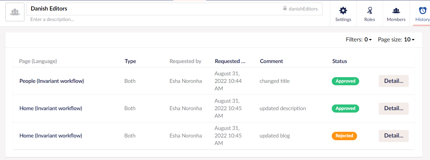Approval group history