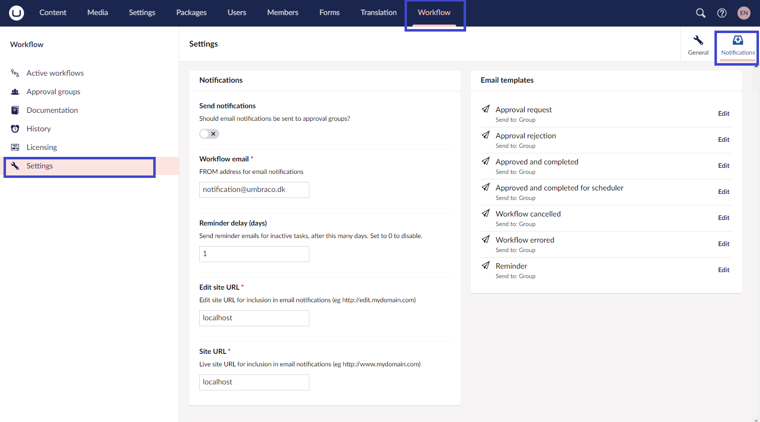 Notifications tab in the Workflow Section