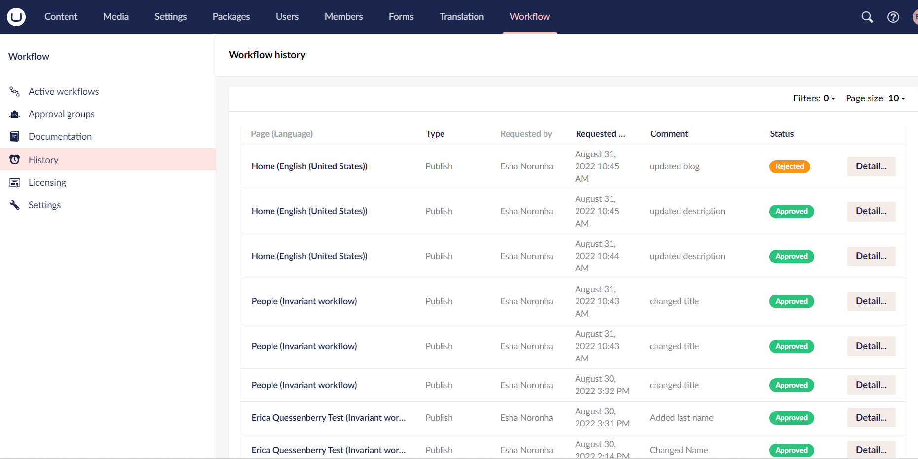 Workflow history