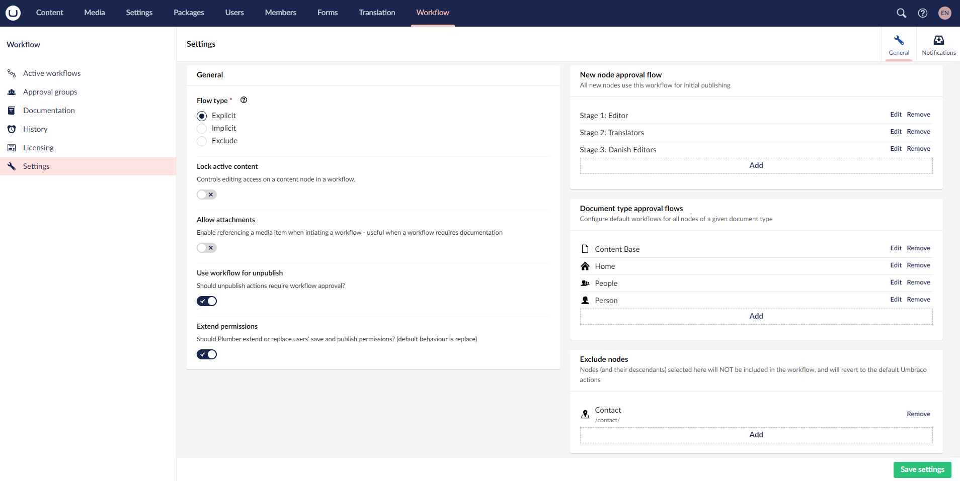 Workflow settings