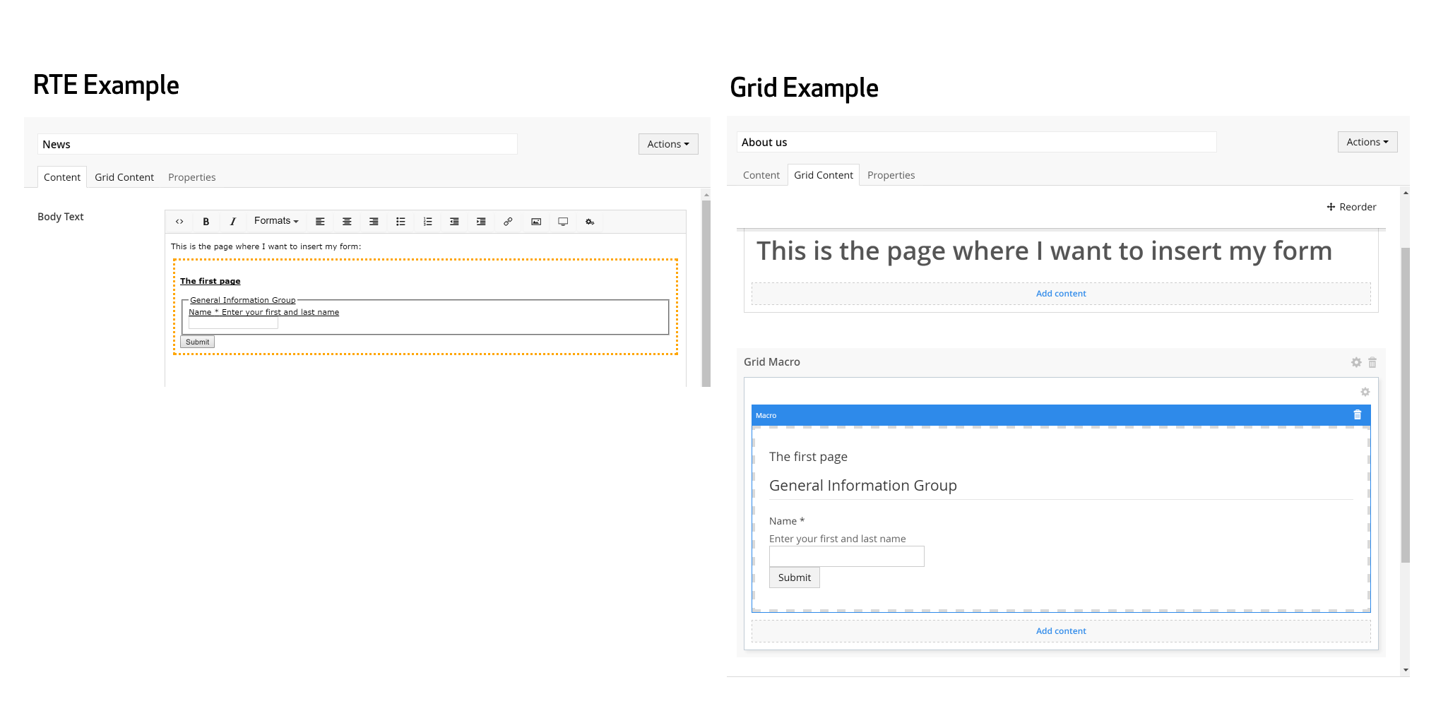 Content page with form