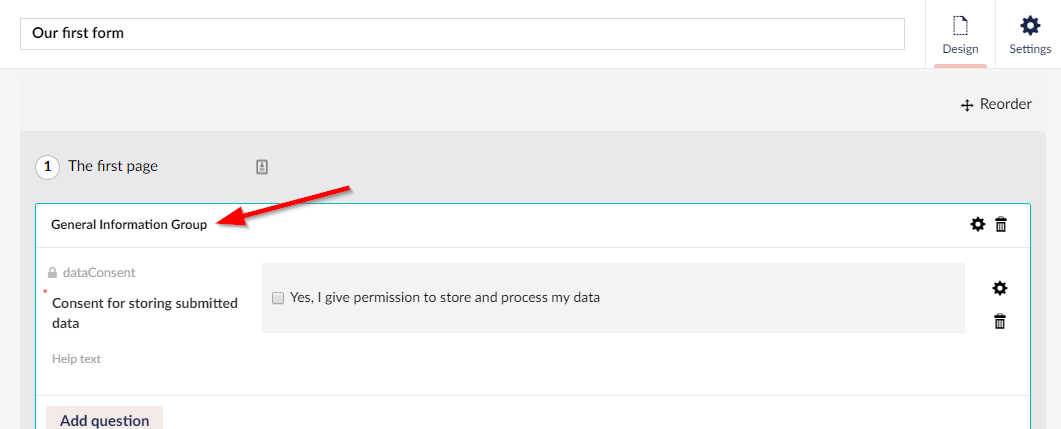 Forms designer page caption