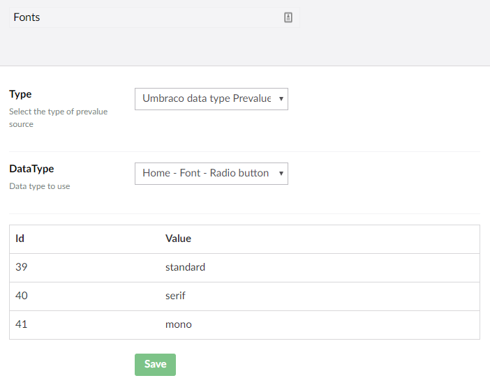 Data Type prevalues