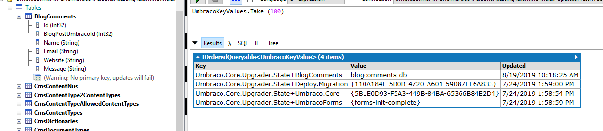 Database result of a migration