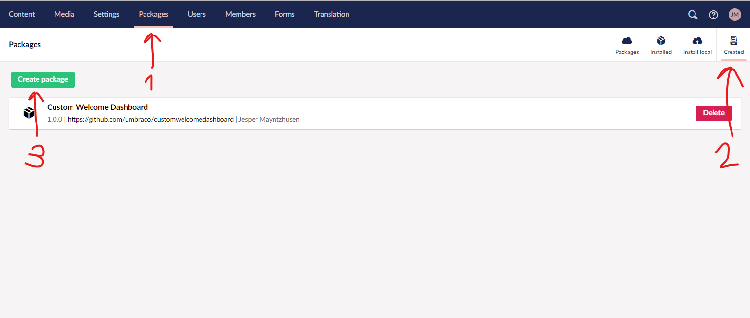Buttons to select for creating a package in the backoffice