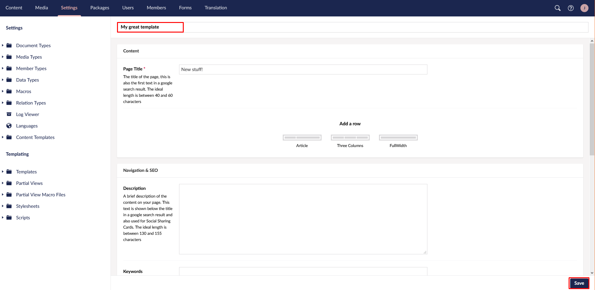 Content Template Name Field