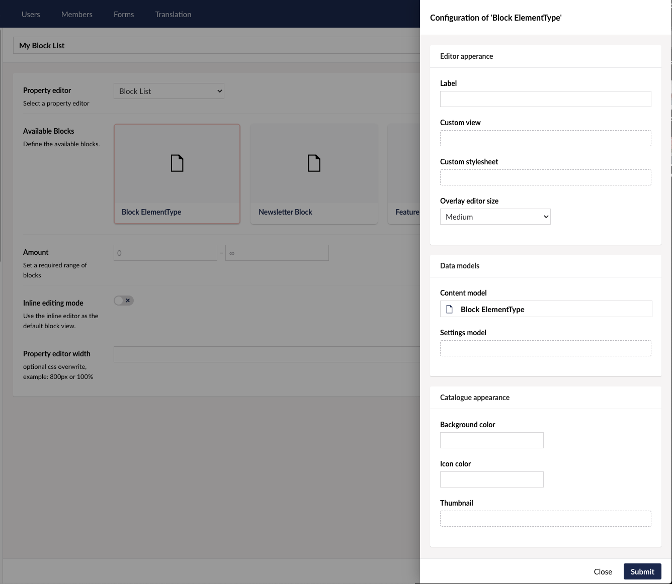 Block List - Data Type Block Configuration