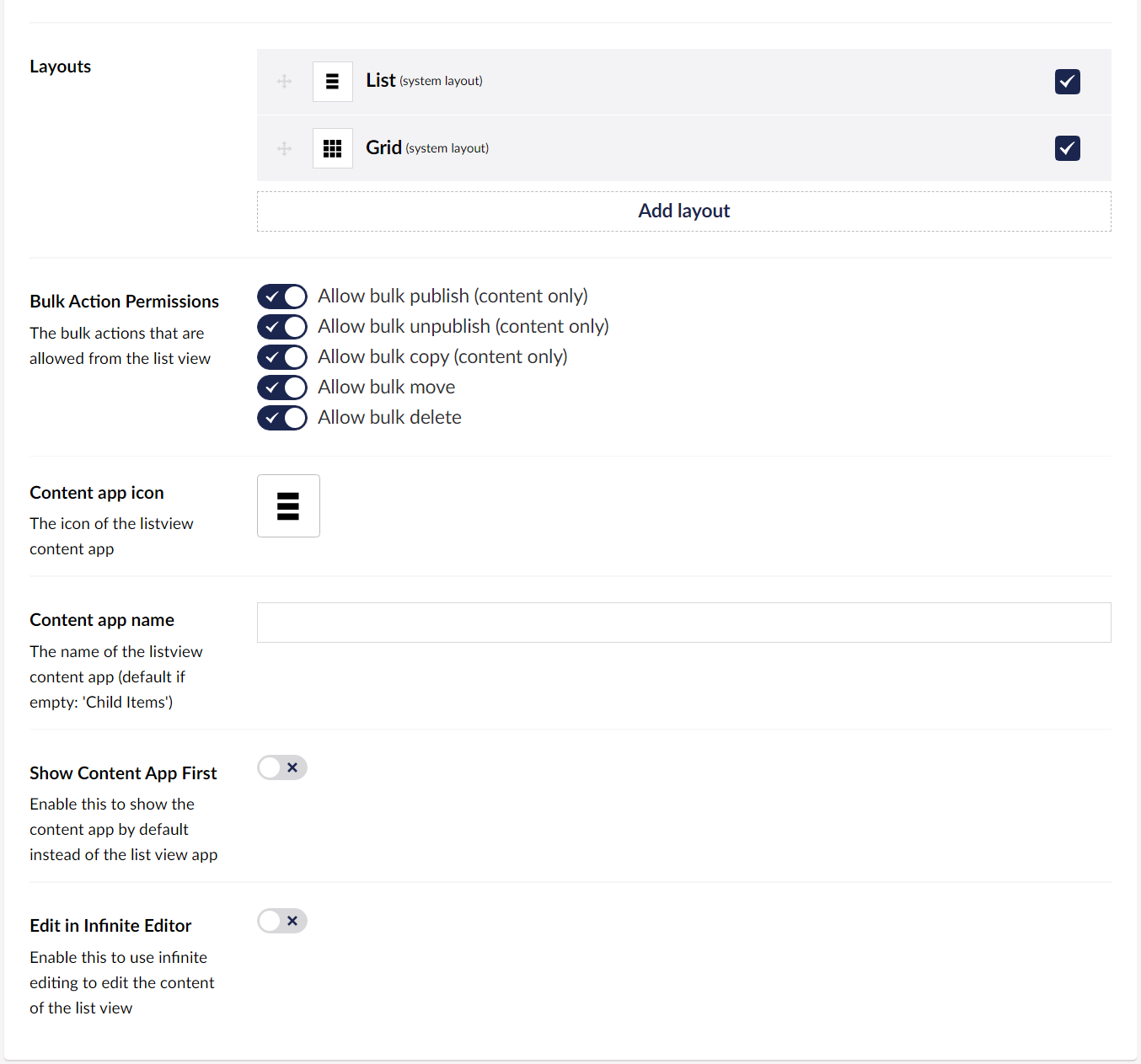 List view settings example 2