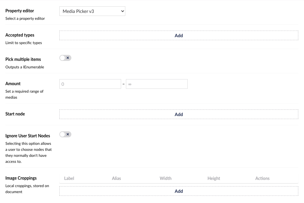 Media Picker Data Type Definition
