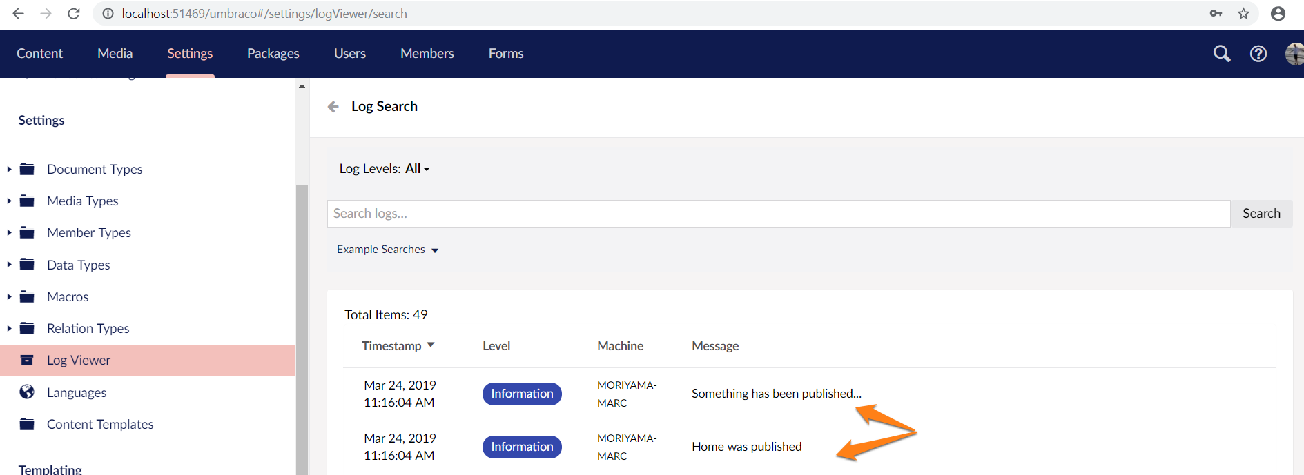 Messages in Log
