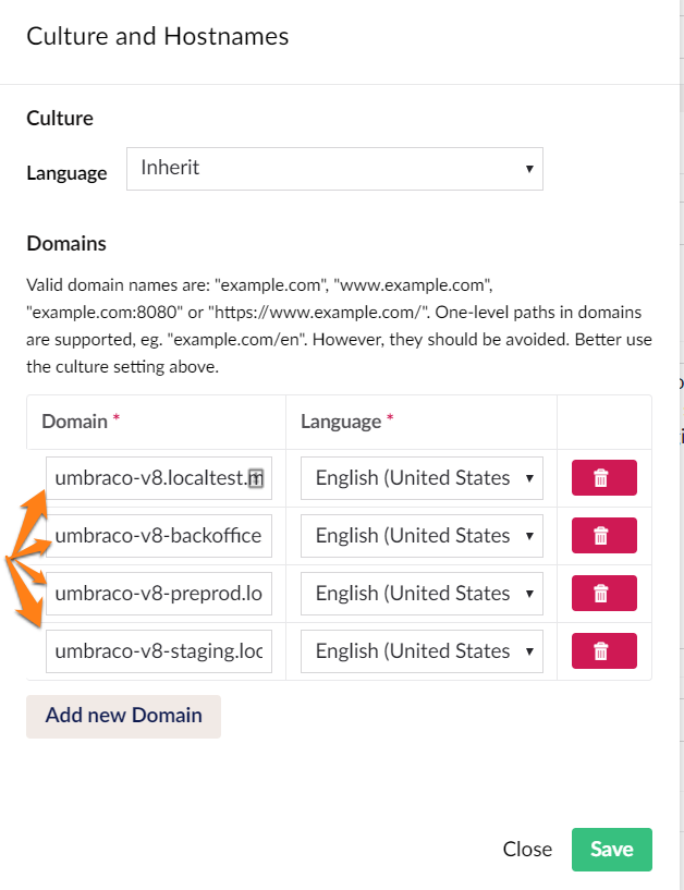 Culture and Hostnames multiple domains