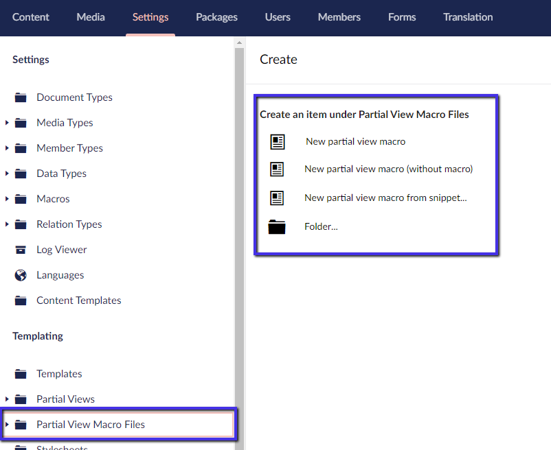 Partial View Macro files dialog