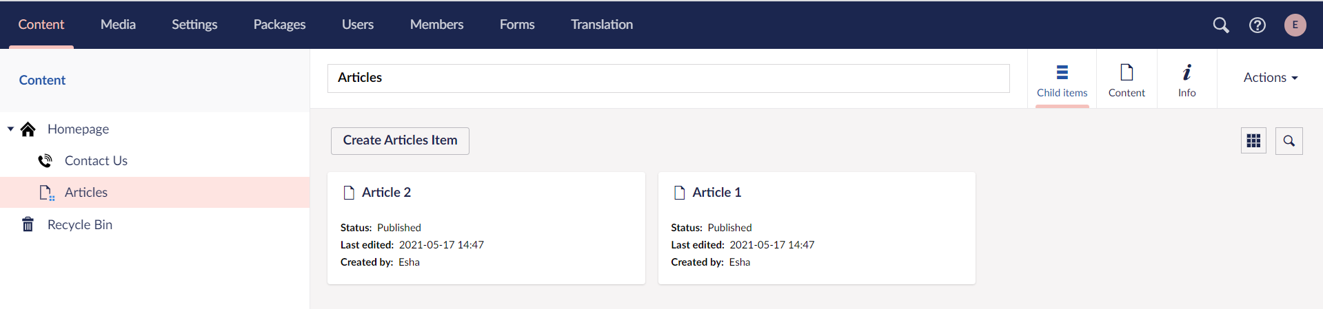 Content Tree With Articles
