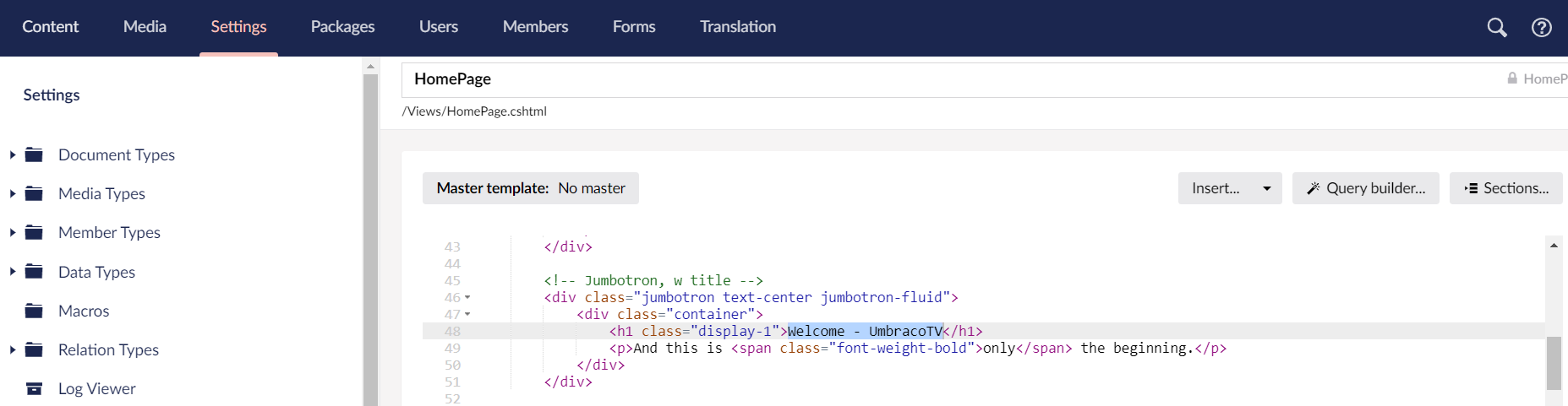 Preparing to replace the hardcoded text with an Umbraco Page Field
