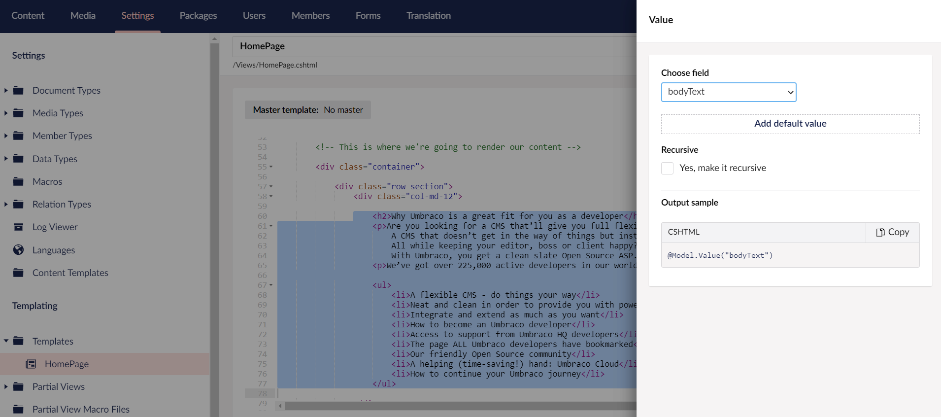 Replacing the bodyText with the Umbraco Page Field