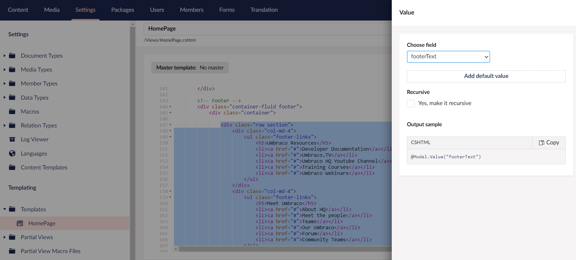 Replacing the Footer Text with the relevant Umbraco Page Field
