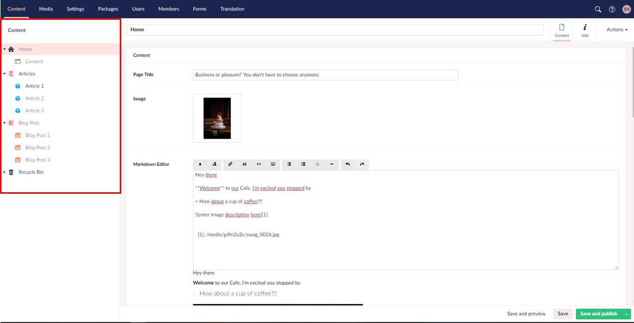 Viewing Pages in Content Section