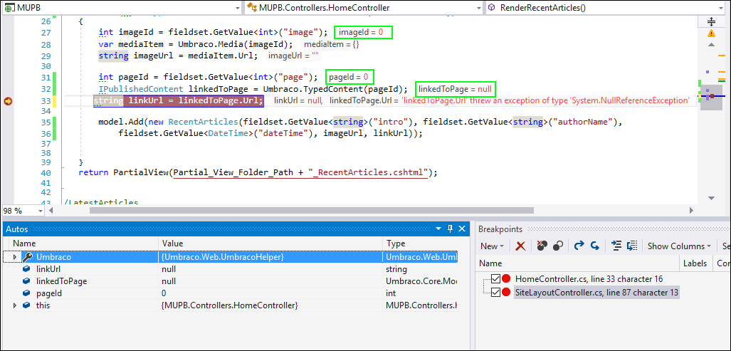 picture after putting breakpoint in visual studio