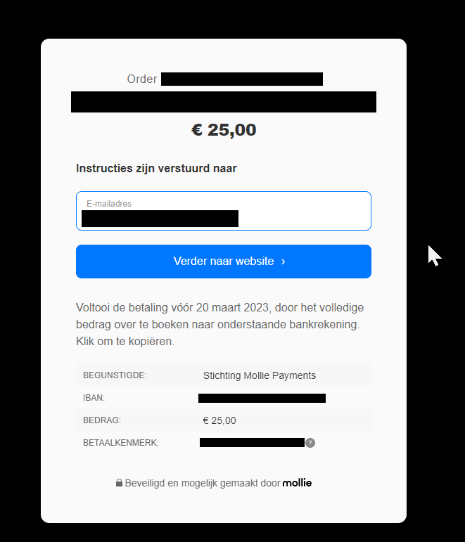 Screen the customer sees when choosing to pay with bank transfer