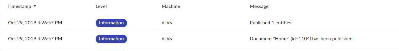 Here's the log after publishing the home page and also publishing with descendants