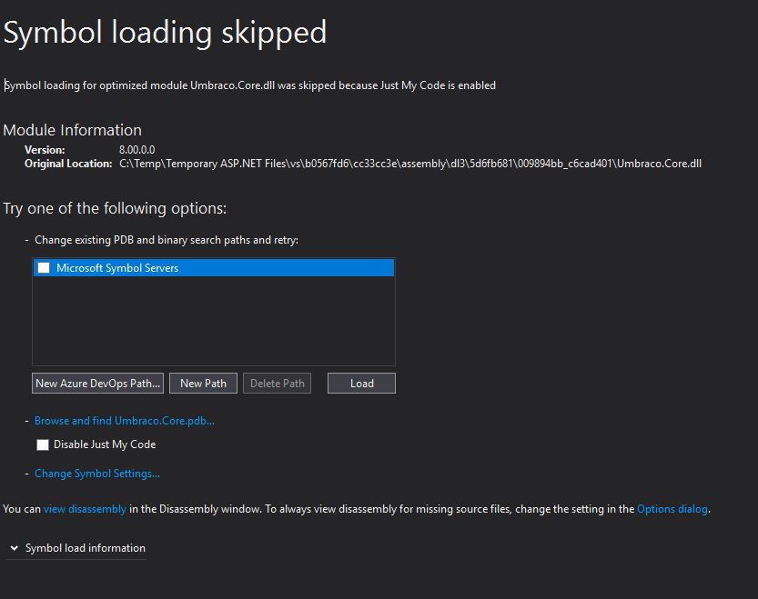 Symbol Loading skipped error in vs2017