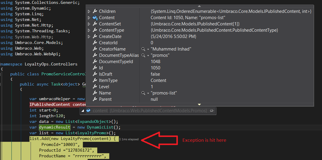 Here is the screenshot where i'm getting the exception