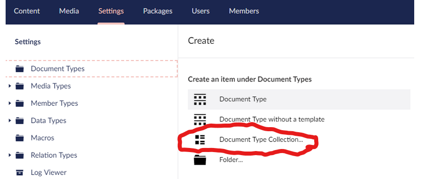 Screenshot of available doc types