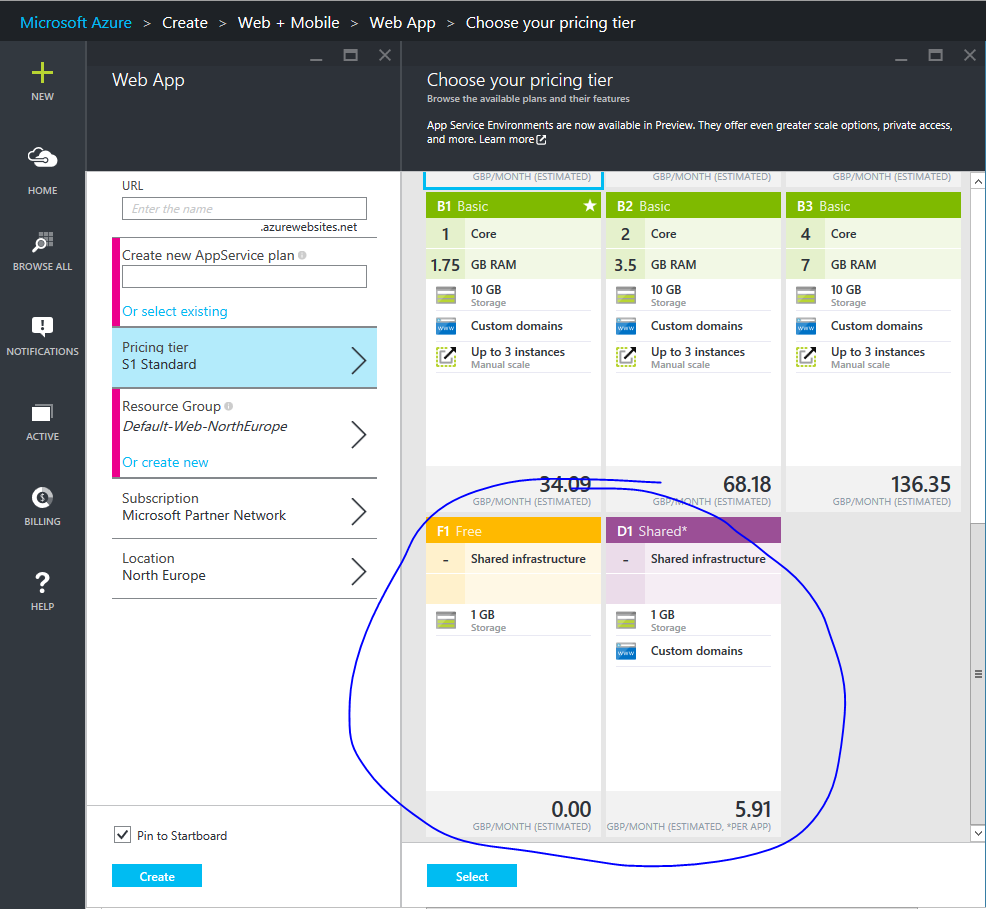 Azure Portal free Web App plans