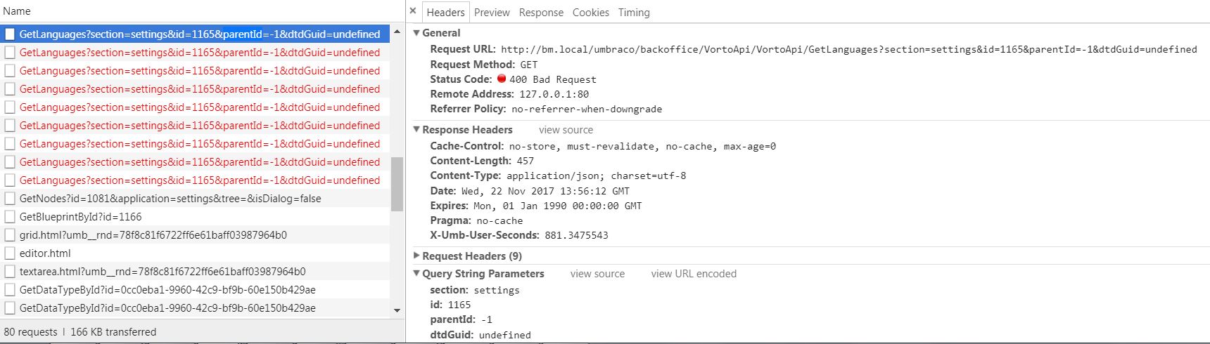 These 400 bad request is for the Vorto properties on the document type
