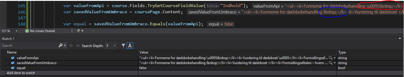 Example of difference after data being saved to umbraco and pulled back out