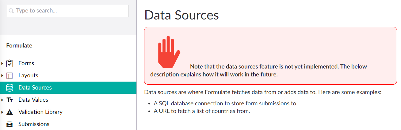 Screenshot of the Data Sources root node of Formulate.