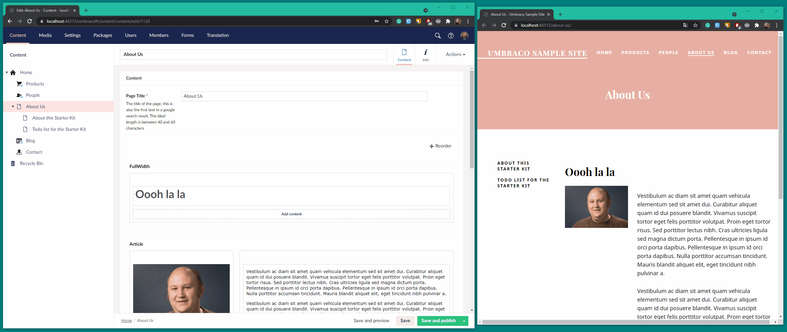 Gif showing me saving and publishing a node in Umbraco 8.13