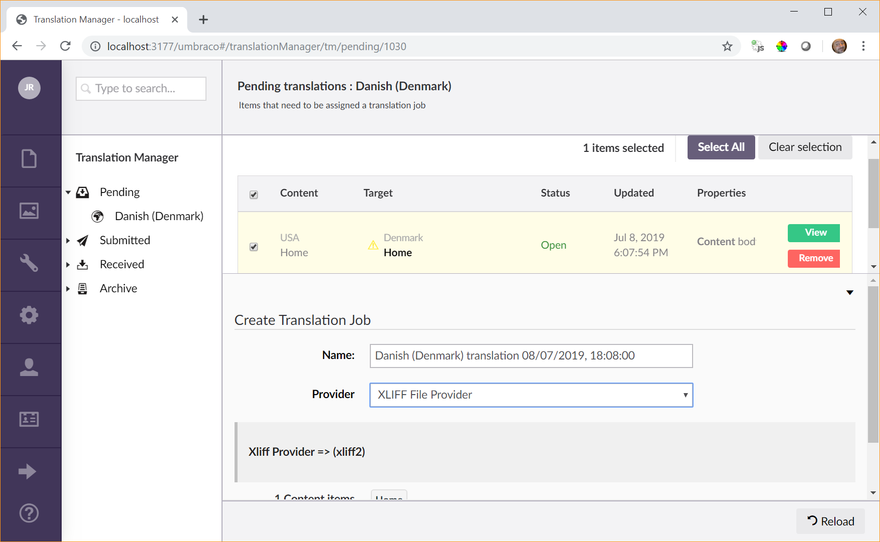 Screenshot of Translation Job
