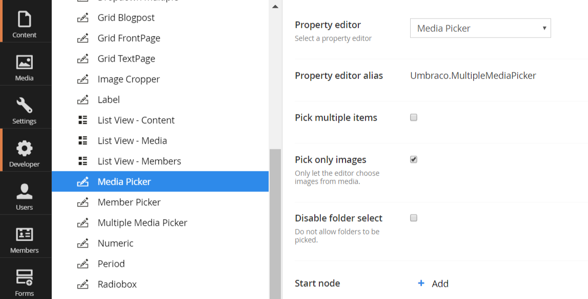 Media Picker - Data Type Settings
