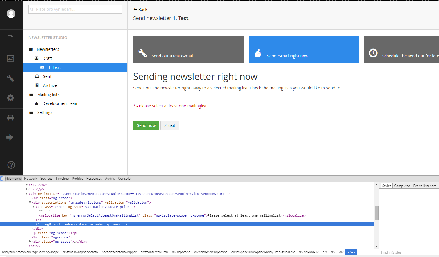 Screen from administration and developer tools on commented node