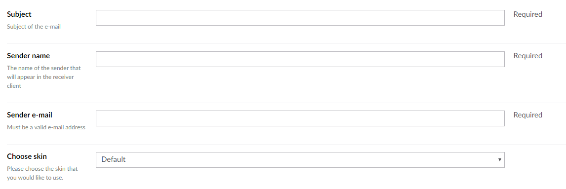 The fields Subject, Sender name and e-mail are blank