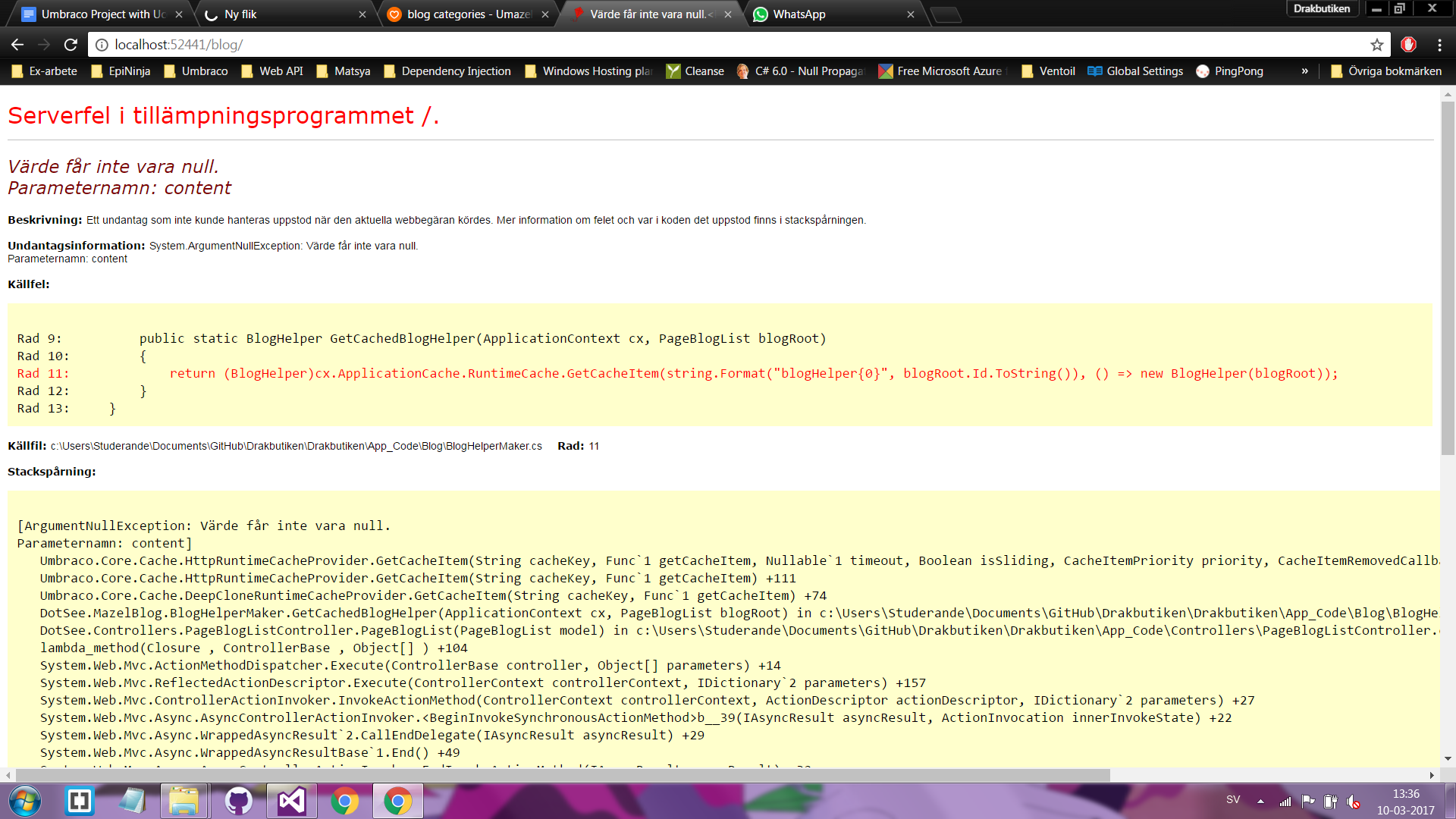 Hi, my blog page was working until yesterday, but today i included some files to project and then it stopped working and shows this error. which is a null exception error in english. I followed this post but go no luck. You have any clue.