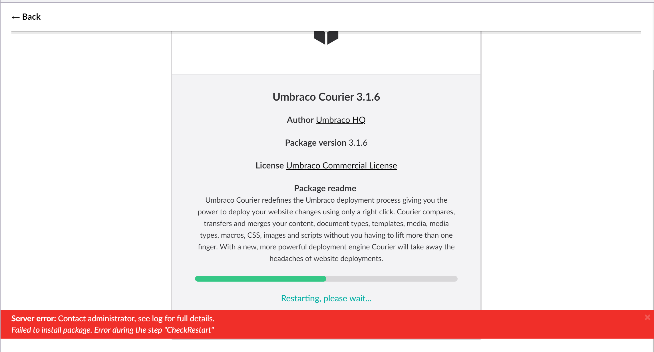 Error during the step 'CheckRestart' error