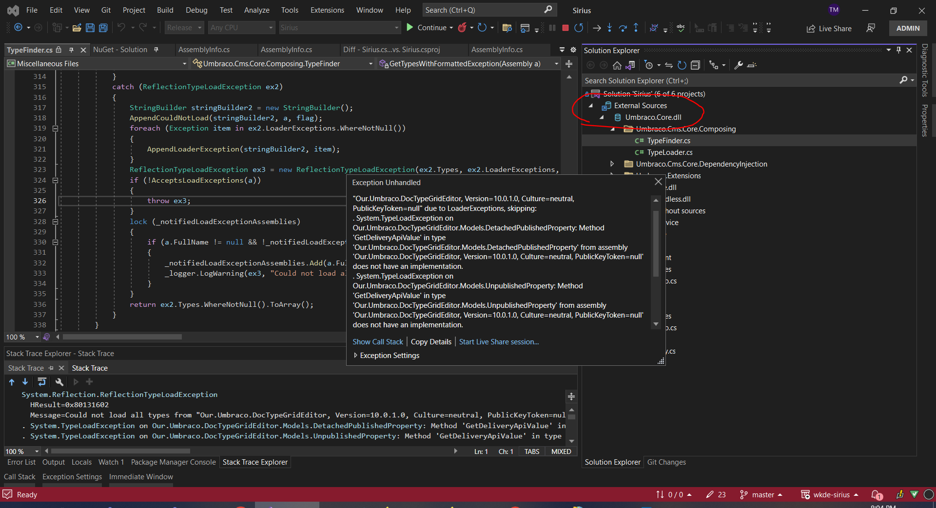 Exception screenshot