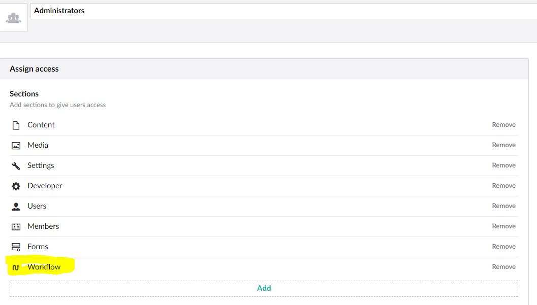 sreenshot of access to sections including Workflow