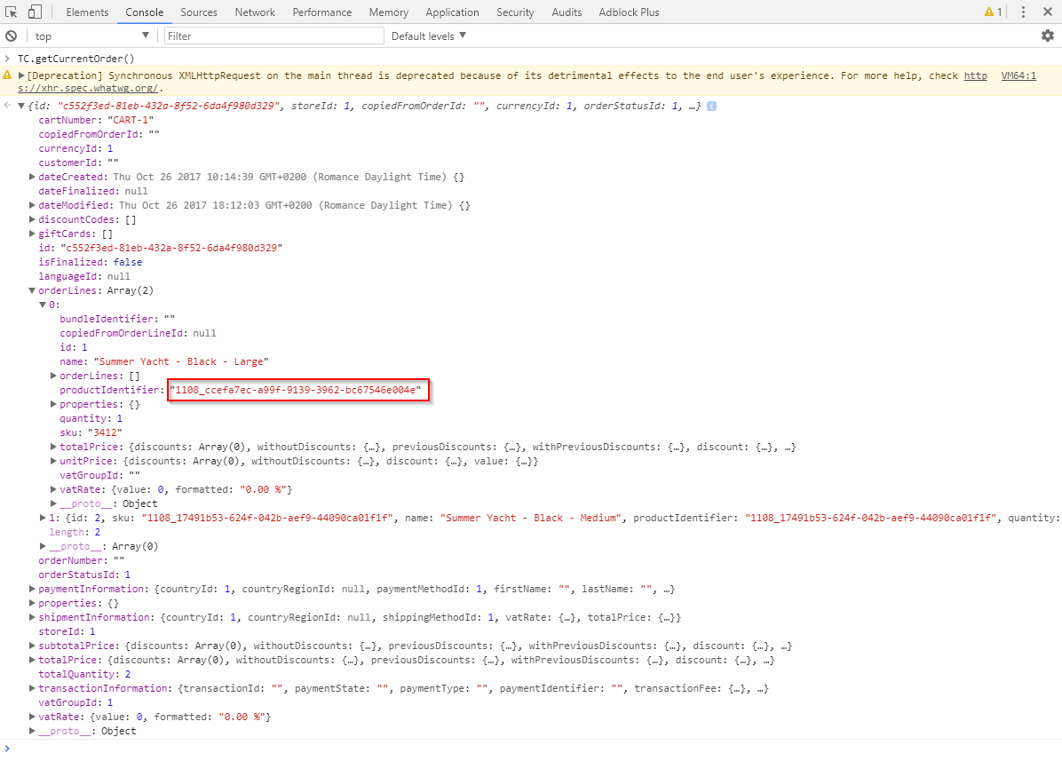 The Tea Commerce order in browser console