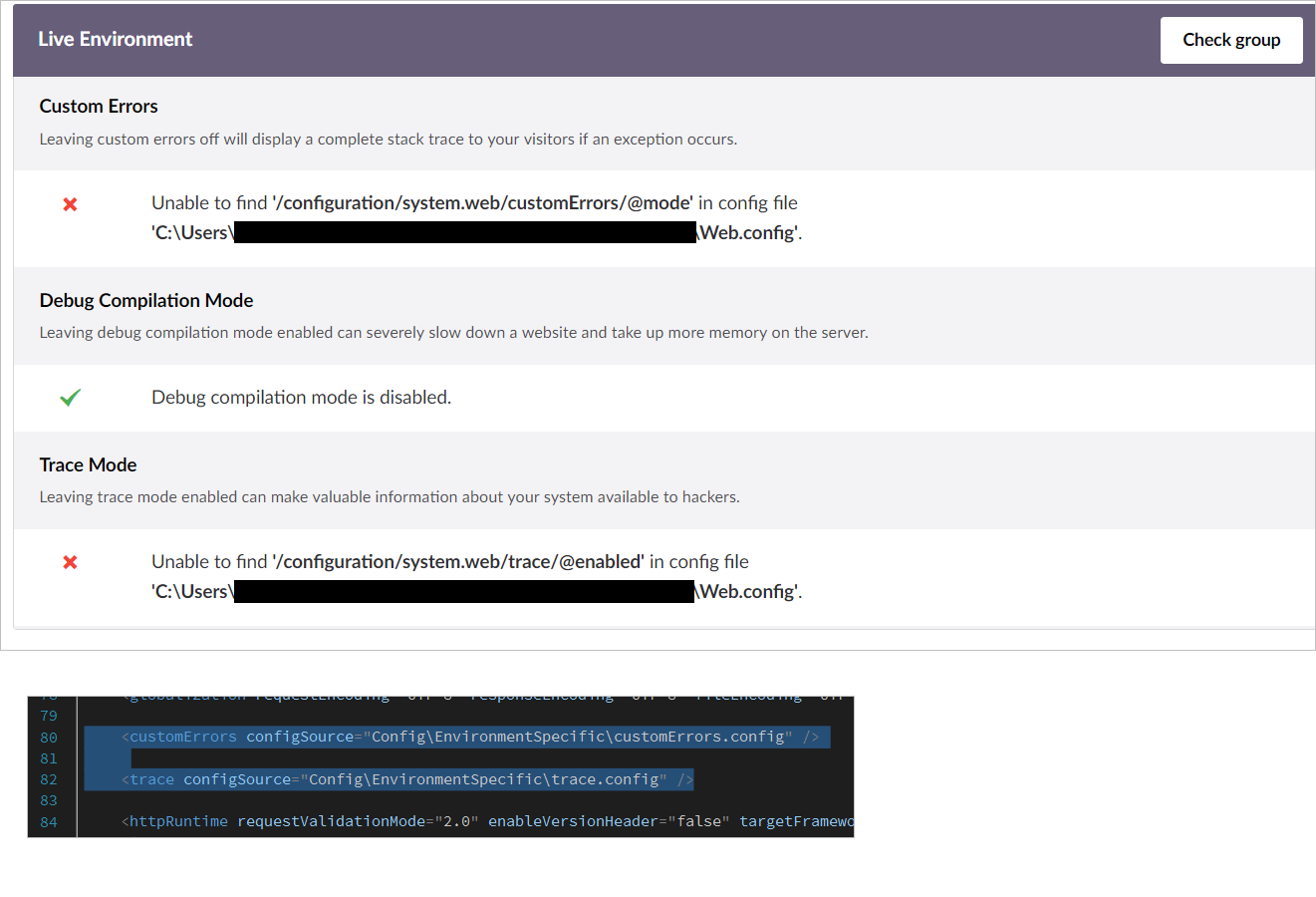 screenshot of error message and web.config configsource settings