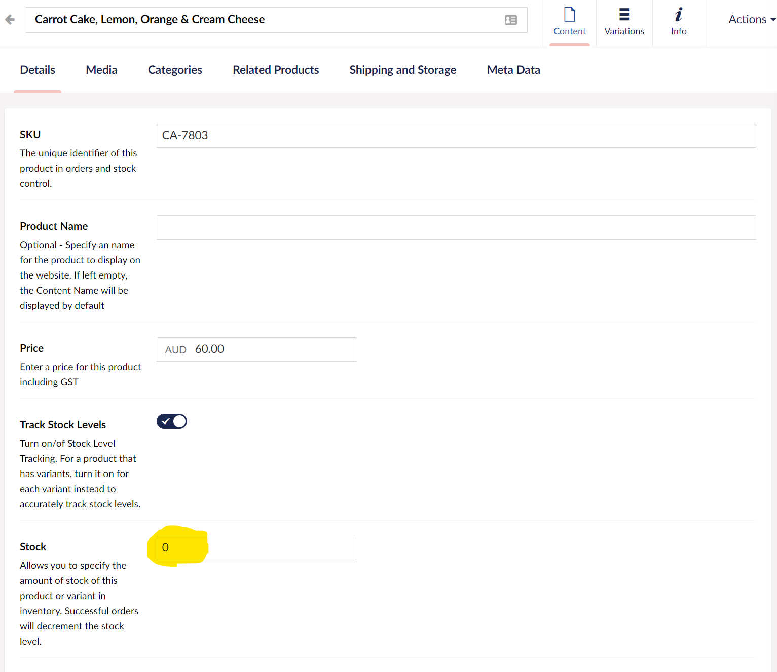 Editor view incorrectly showing current stock level as 0