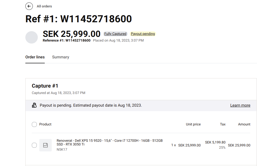 Screenshot of the order on Klarnas end