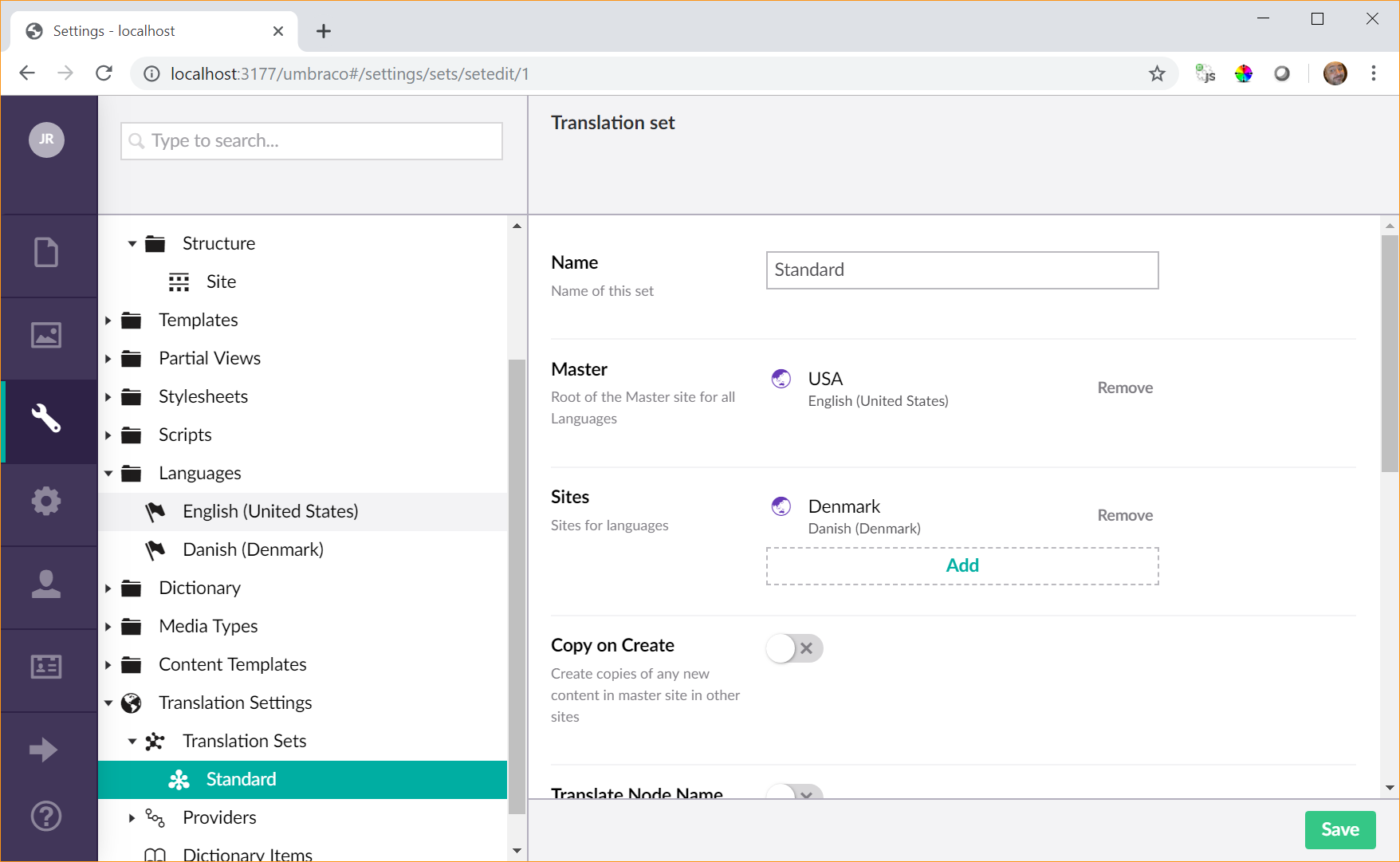 Screenshot showing Translation Set