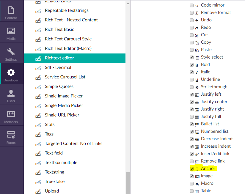 Anchor setting in Umbraco