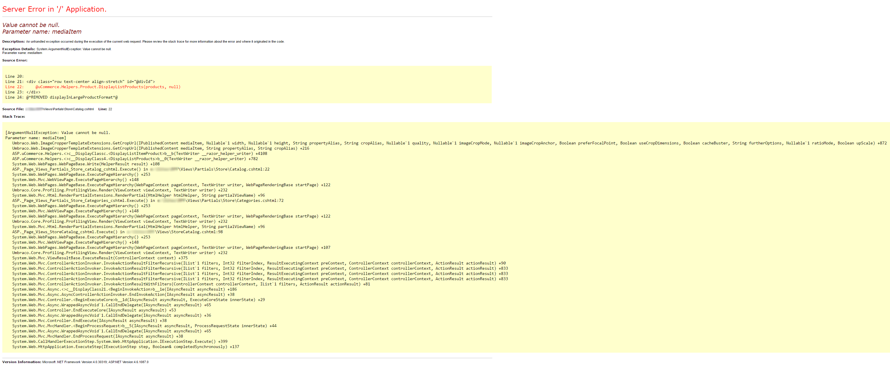 Error -- Value cannot be null. Parameter name: mediaItem