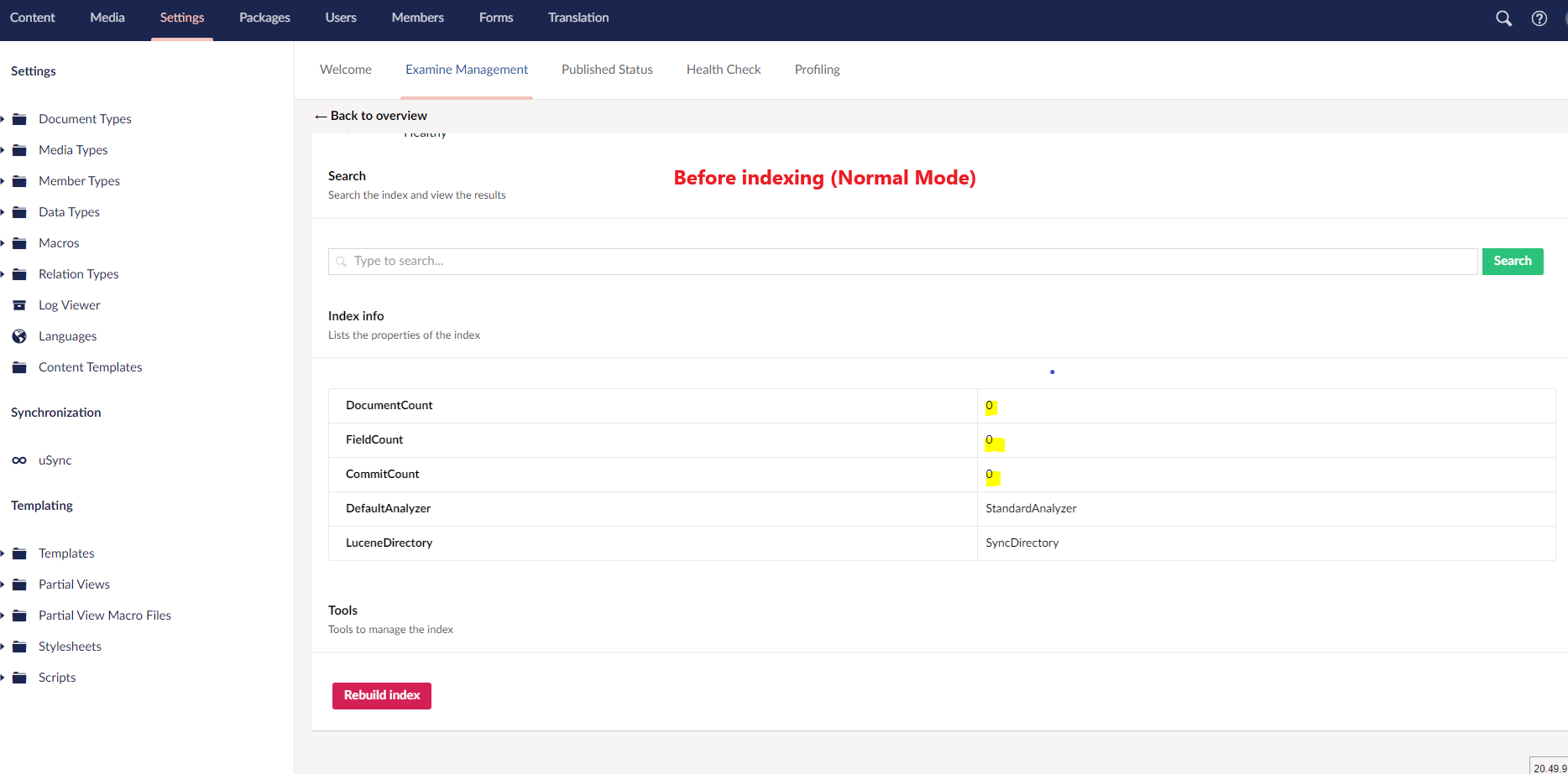 Before indexing Normal mode
