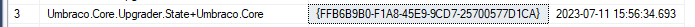 Screenshot showing the umbraco core upgrader state in the umbracoKeyValue database table