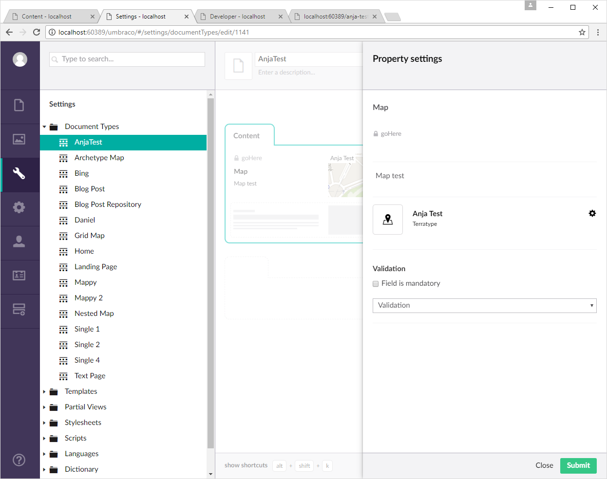 Creating DocType with one property with alias 'goHere'